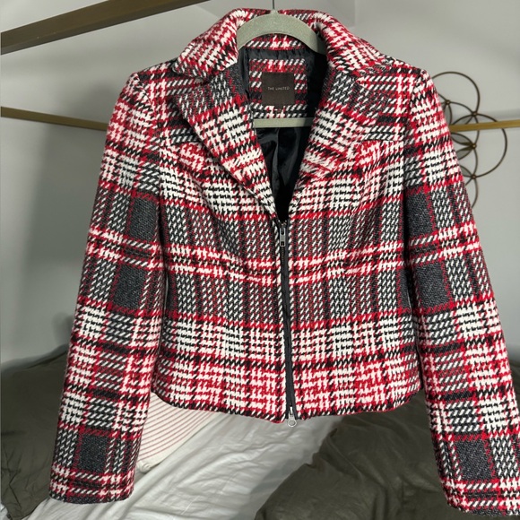 The Limited Red Black Plaid Cropped Tweed Jacket Women XS S Academia Coat Blazer - Picture 1 of 7